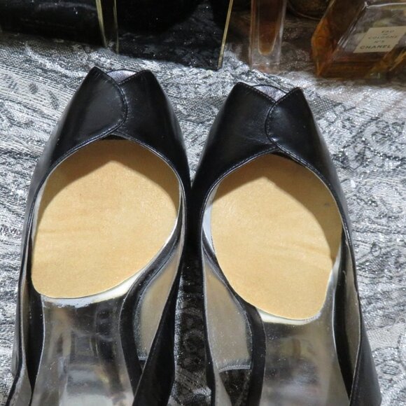 Guess black leather peep toe slingback platform heels w/ charm 7.5 silver heels - Picture 10 of 16